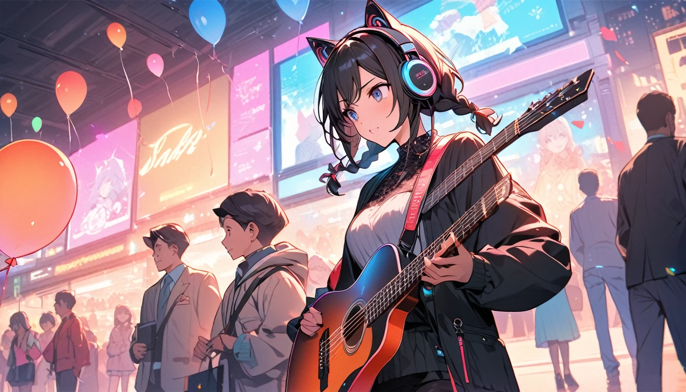 Beautiful 1, single, girl with braids, hair with glowing wires Wears a half hat, headphones, cat ears, mixed with sci-fi and neon tones. In the background is a robot with neon lights. The background image is a large robot, clearly visible. ,on stage, playing guitar Holiday shopping at a large department store, with people browsing, balloons, and salespeople.