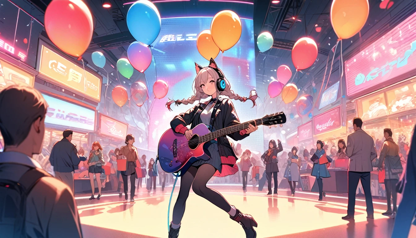 Beautiful 1, single, girl with braids, hair with glowing wires Wears a half hat, headphones, cat ears, mixed with sci-fi and neon tones. In the background is a robot with neon lights. The background image is a large robot, clearly visible. ,on stage, playing guitar　Holiday shopping at a large department store, with people browsing, balloons, and salespeople.
