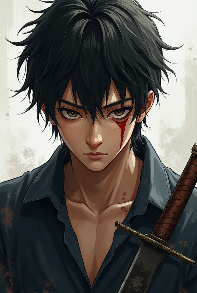 Lin had long, narrow eyes., short dark hair, and pale skin, as white as snow. A dark shirt that hid his mud stains, A mature face marked by experience and a sword in his hand. He also had one eye constantly closed., with a scar marked by the claws of a beast, and his features were Asian