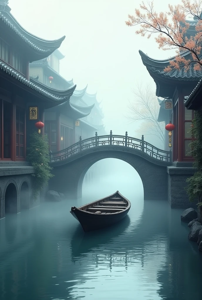 a boat sitting on top of a river next to a bridge, by Yang J, fantasy art, iphone wallpaper, in a narrow chinese alley, artwork in the style of z.w. gu, white fog painting, edo japan, style of raymond swanland, qing dynasty, jingna zhang, yintion j - jiang geping, quaint village