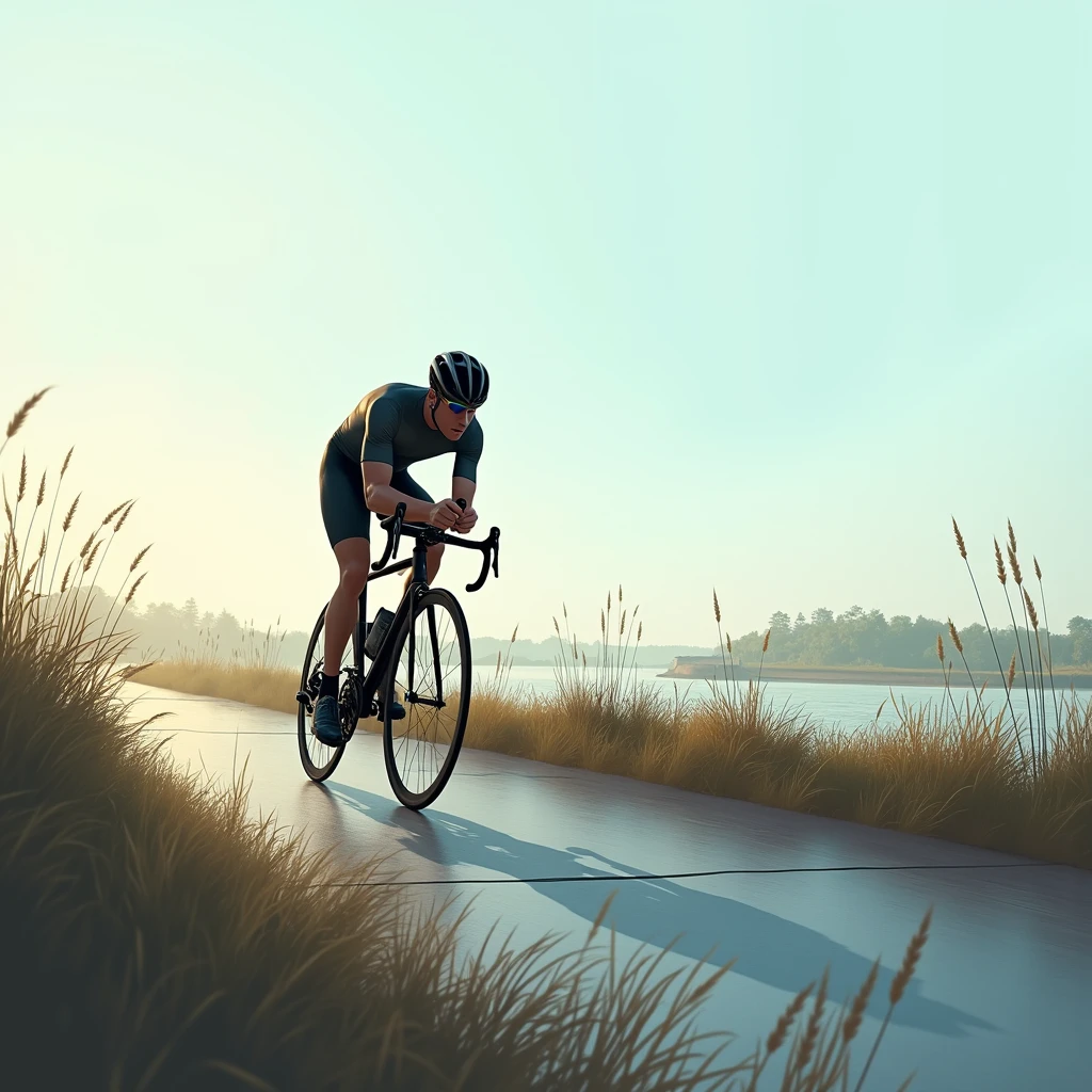 Photo-like illustration。
A person riding a road bike straight into the distance。
The top of the riverbank is a cycling road.、Running on it。Although it is a clear sky、The headwind is strong、The short grass nearby is swaying in the opposite direction to the athlete's movement.。The athletes are struggling with the headwind、I'm somehow managing to hold on and keep going。