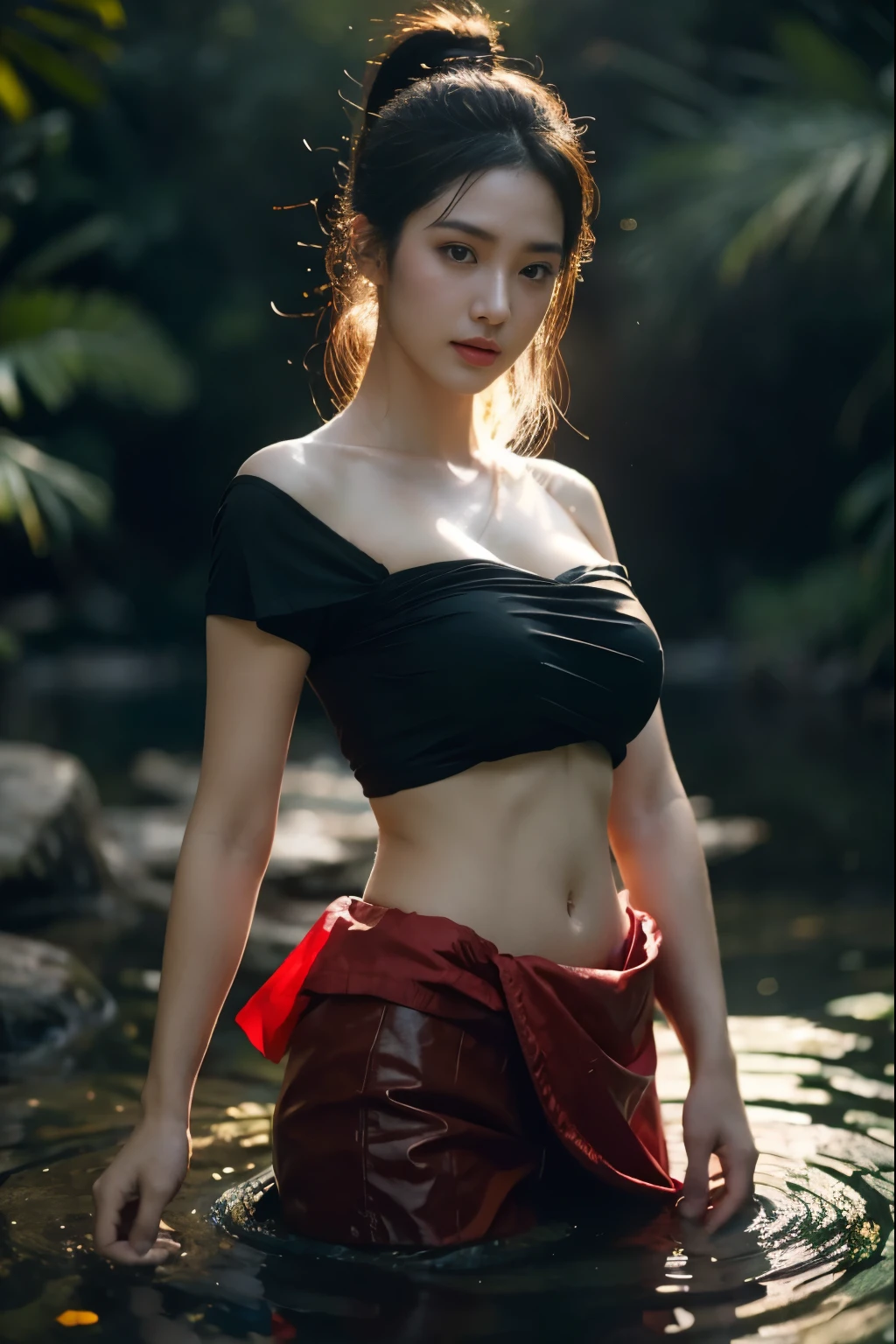 beautiful girl ,Thai Female Warrior, bathing in a swiming pool at the forest, dynamic poses, Red and black strapless shirt, Long ponytail,black eyes,abdominal muscles,plumpy body, rounded breast, (big breast:1.3), cleavage, Morning sunshine,Eyes on the audience,rain,((face details)),Double eyelids, reeds, (backlighting), realistic, masterpiece, highest quality, lens flare, shade, bloom, [[chromatic aberration]], by Jeremy Lipking, by Antonio J. Manzanedo, digital painting, HDR, high contrast
