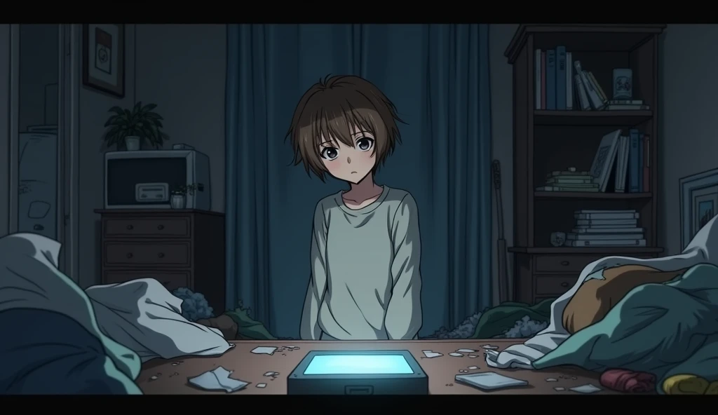 An anime image of a teenage girl with short brown hair in a room. Things are scattered all over the floor. In the midst of the chaos, she is standing looking at a table, looking worried because there is a phone on the table that has been left on. The atmosphere is dark and gloomy.