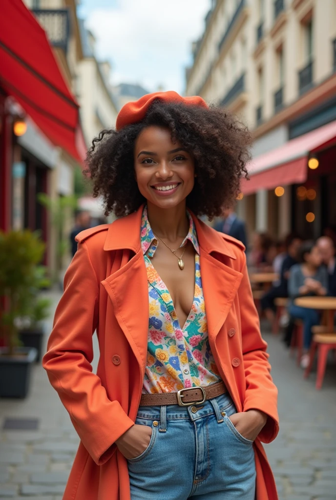  "Create a vibrant and chic photoshoot inspired by the 'Emily in Paris' TV show, but with a twist—the lead character is a stunning biracial woman with a radiant smile. The scene is set against the picturesque streets of Paris, filled with pastel hues, cobblestone paths, and iconic Parisian landmarks like the Eiffel Tower and charming cafes. The character's style is a blend of high fashion and bold, contemporary looks—think colourful berets, stylish trench coats, and statement accessories. Capture her confident, playful energy as she navigates the city with elegance and flair, embracing Parisian culture with her unique touch."