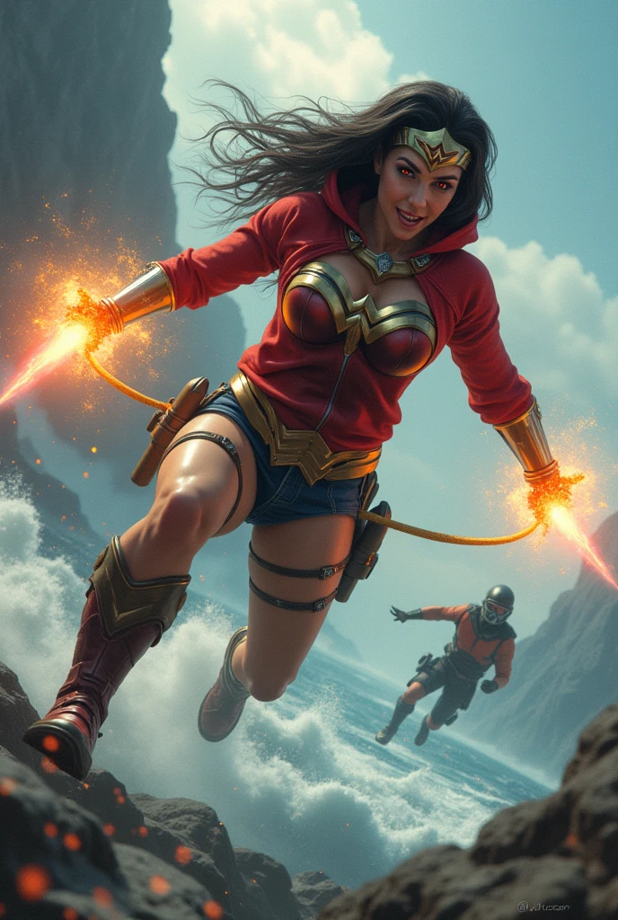 Wonder woman with red hoodie, Rocket boots, headphones, Laser guns, star-lord helmet, gas helmet, Covered mouth, Round, red eyes, big breasts, perfect body, Busty, realistic, power, Kick, Attack, magic rings in the hands, Fighting, power, fiction, full body, 2 persons, magic lasso, hight, fall, fire in boots, powerful spells, realistic, war, ocean, spells, Cayendo del cielo, sleep, hug