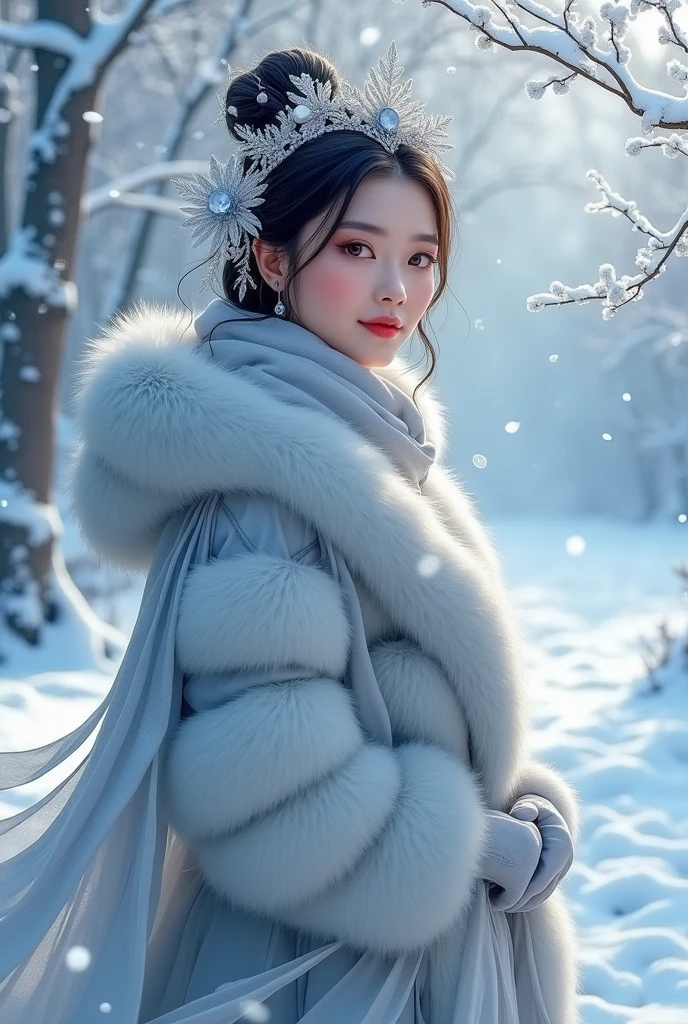 Winter Wonderland: An Asian princess gorgeous woman in a silver fur coat and matching accessories, posing in a snowy, winter landscape. The setting includes snow-covered trees, icy blue tones, and soft, diffused lighting, creating a serene and enchanting winter scene.