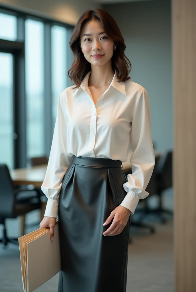A beautiful lady, asian, Japanese,
brown shoulder length hair,
holding a file on band and Straight standing in a conference room,
Wearing a white shirt,
Wearing a black leather long full A-line skirt ankle length covered the legs,
Wearing white flat shoes,
whole body photo, full body image,
Front camera view,
High resolution, HD Photo,
photographs, photo, real style, 600dpi
