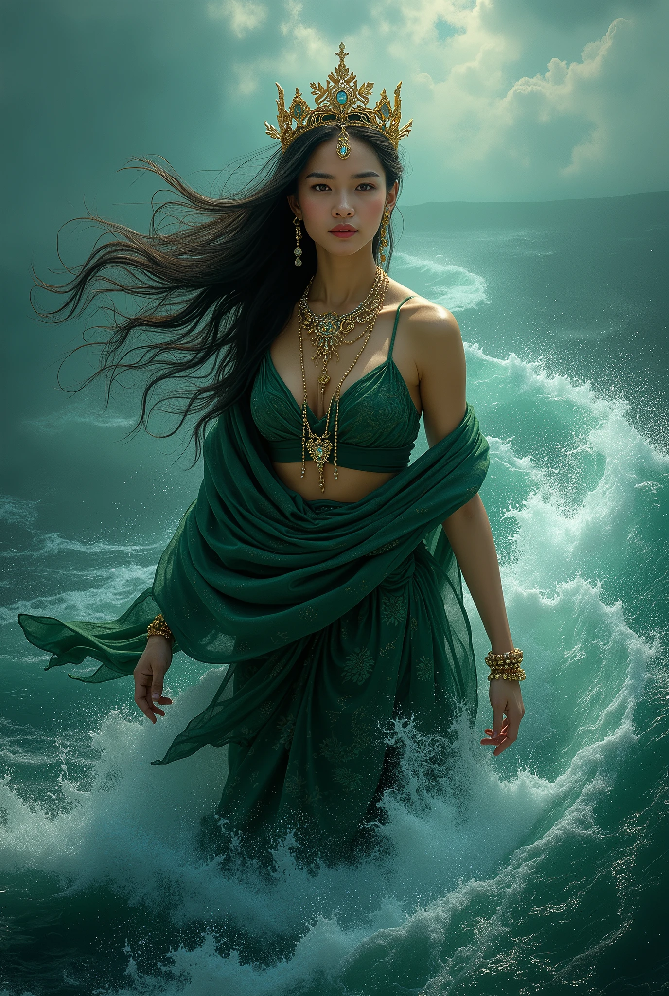 the best work of art, Kanjeng Ratu Kidul, Queen of the South Coast, beautiful woman, long hair blowing in the wind, smiling and somewhat serious face, wearing a small gold crown with a crystal arrangement in the middle, dark green kemben (camisole) luxurious jewelry, dark green shawl and cloth skirt batik sarong, smooth green and white, standing on blue water with waves and with a dramatic effect, surrounded by whirlpools, creating a mystical atmosphere, fractal art, bright and shining in the center with a dark background, water manipulation, intricate details, hyperrealistic, throughout body.UHD,HD,hyperdetail