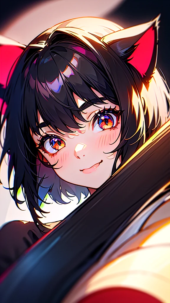 1 Girl、Shiny black hair、Hair ties、Long eyelashes、Round eyes、fake animal ears、smile、Redness in the ears、tooth、short hair、Cat ear、tongue、Upper body close-up