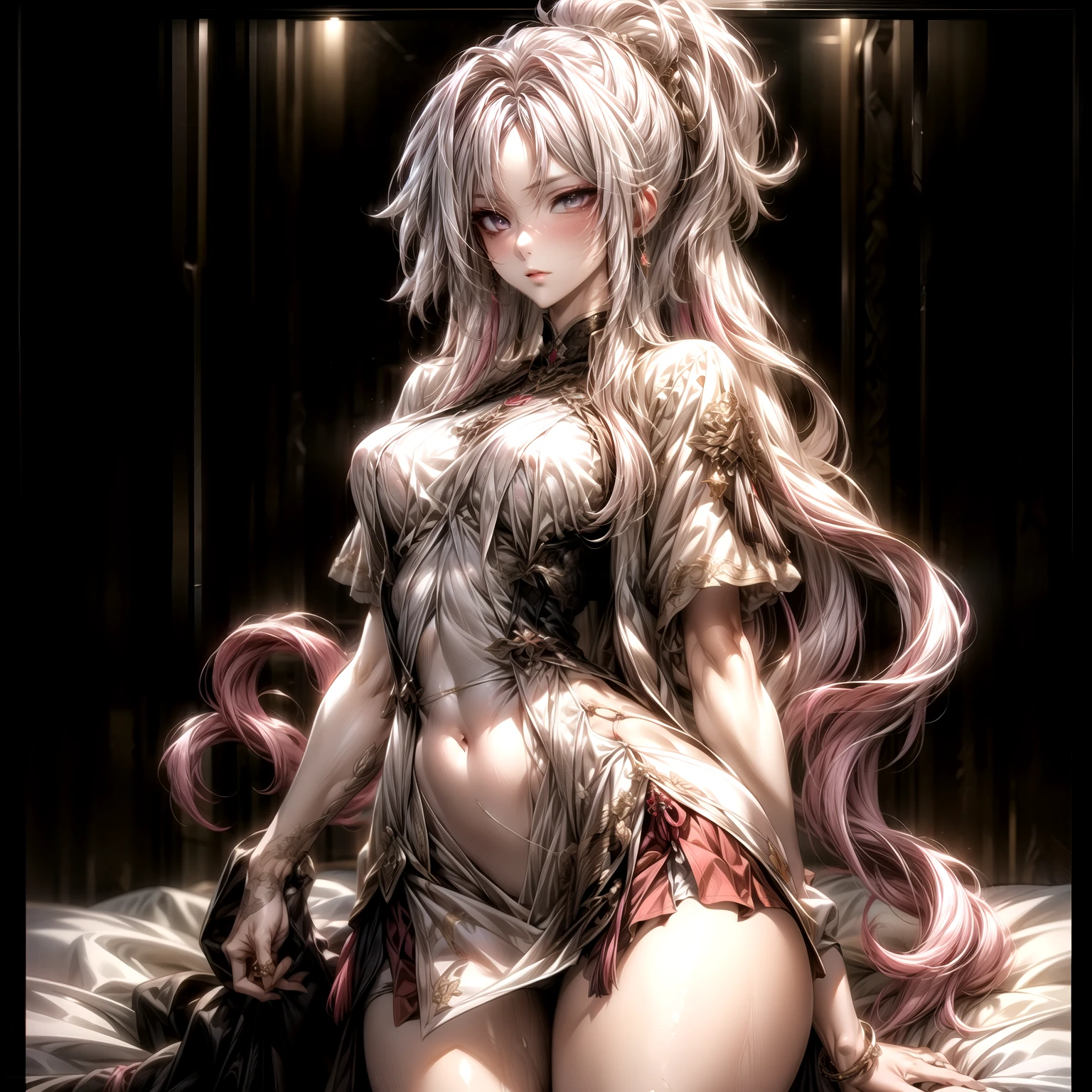 (best quality)), ((Masterpiece)), (details:1.4), 3d, HDR (high dynamic range), an image of a beautiful cyberpunk female, fantasy, medieval, Cyberpunk, Sleek style, pink hair, High ponytail, Beautiful White eyes, จมูกโด่ง, ปากแดง, หน้าอกใหญ่, nvidia RTX, PBR surface, After processing, Anisotropic filtration,depth of field, Maximum clarity and clarity, multi-layered surface, Subsurface scattering, perfect proportions, 8K raw files, ultra detailed, Perfect proportions, volumetric lighting, soft lighting, Holy Paldin, Heavy Golden Armor, White dress, intricate Silver embroidery, glossy skin, Bed room Background, jewely, ต่างหู, mini white skirt, black glove