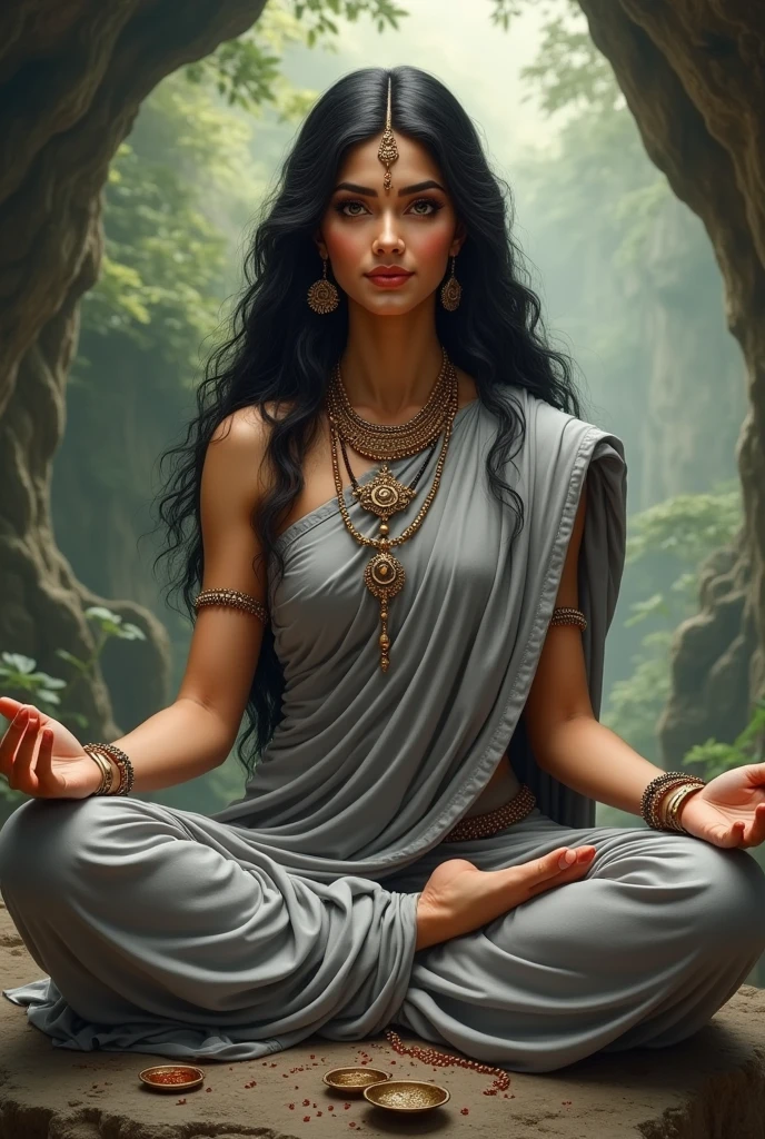 "Create an image of the beautiful Goddess Brahmacharini, depicted in a elegant and graceful grey saree and matching blouse, and beads ornaments and jewellery, symbolizing her ascetic and saint-like nature. The saree should be modest, with maximal decoration, reflecting her life of penance and devotion. Her complexion should be radiant, with a serene and peaceful expression on her face, embodying purity and determination. Her large, calm eyes should reflect deep wisdom and unwavering focus on spiritual goals, she has long beautiful and black flowing hair.
Goddess Brahmacharini should be depicted meditating in front of the idol shiva statue in the cave emphasizing her ascetic lifestyle and devotion.
She has only two hands,
In her right hand, she carries a Jap Mala (prayer beads),
In her left hand, she holds a Kamandal (small water pot).
The background should be a serene, natural landscape, perhaps with a inside cave and forest, highlighting her life of austerity and connection with nature. The overall image should capture the essence of Goddess Brahmacharini’s beauty, purity, and spiritual dedication, presented in a highly realistic and detailed manner, with her grey saree and saint-like outfit emphasizing her divine and ascetic nature."