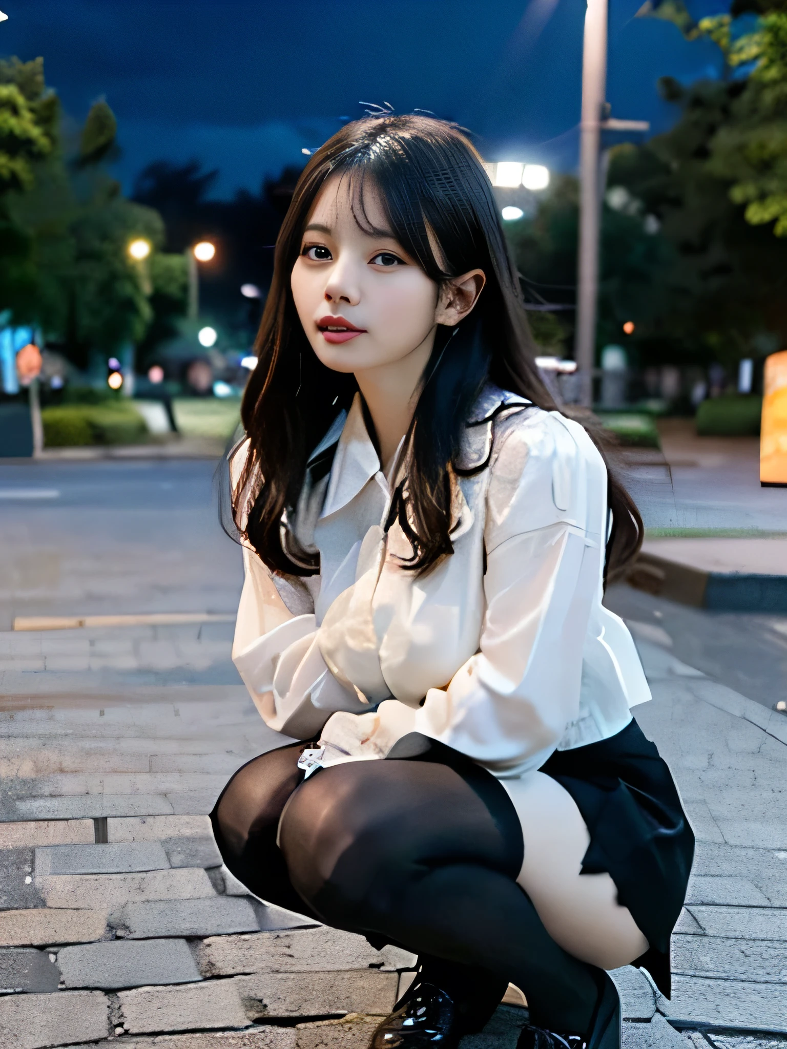 Highest quality、High resolution、((Japanese women))、(((White collared blouse)))、((short black pleated skirt))、Big Breasts、(((Black tights)))、Beautiful Style、((((Detailed body((whole body)))))) 、The background is a park with a beautiful night sky、(((Squatting with both knees upright))) (((Panty shot)))