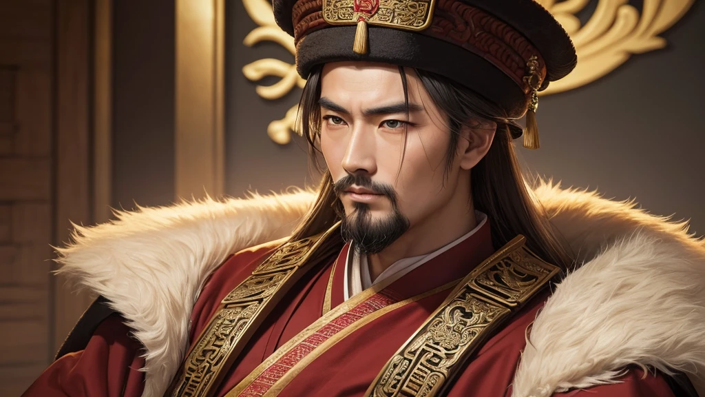 A portrait of Emperor Wu of Han Dynasty, the seventh emperor of the Han Dynasty, who ruled from 141 to 87 BC. serious expression on his face. The lighting is soft and warm, casting a gentle glow on his face and highlighting the intricate details of his robe. The background is a muted, earthy tone, adding to the overall sense of gravitas and timelessness of the portrait.