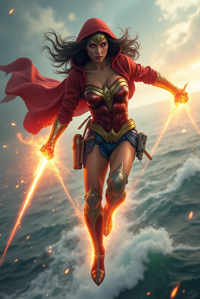 Wonder woman with red hoodie, Rocket boots, headphones, Laser guns, star-lord helmet, gas helmet, Covered mouth, Round, red eyes, big breasts, perfect body, Busty, realistic, power, Kick, Attack, magic rings in the hands, Fighting, power, fiction, full body, 2 persons, magic lasso, hight, fall, fire in boots, powerful spells, realistic, war, ocean, spells, Cayendo del cielo, sleep,  hug