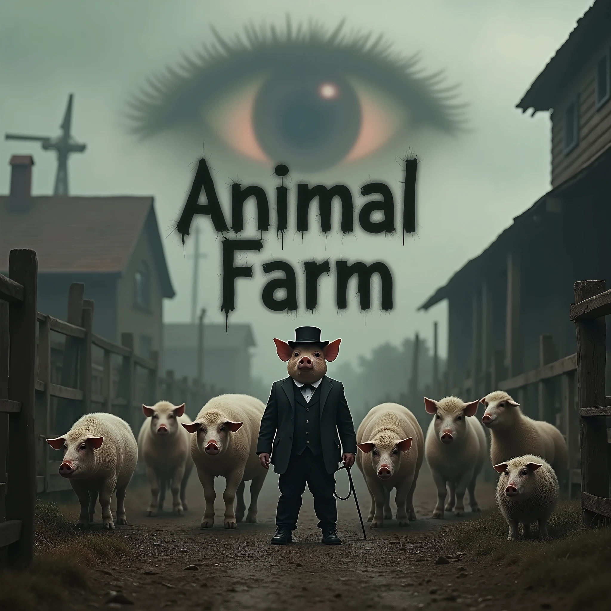 A dark and allegorical scene inspired by George Orwell's "Animal Farm." In the foreground, a group of farm animals—pigs, horses, sheep, and chickens—stand together in a dilapidated barnyard, their expressions a mix of fear, confusion, and defiance. At the center of the group, a pig dressed in human clothing, complete with a suit and hat, stands on two legs, holding a whip and looking down at the other animals with a sinister, authoritative gaze. The once idyllic farm is now bleak and oppressive, with broken fences, wilted crops, and a gloomy sky overhead. The windmill in the background is half-constructed, symbolizing false promises and the decay of the farm's original ideals. The entire scene is shrouded in an atmosphere of tyranny and betrayal, capturing the essence of power, corruption, and the loss of freedom.. [(Suspended in the air between scene and the viewer, a translucent, almost ghostly black message reads exactly: "ANIMAL FARM". The text appears as if it's floating, blurred at the edges, with the letters formed from a faint mist or white smoke that lingers in the space. The smoky words are readable, though not overly bright, hovering just in front of his gaze, creating a surreal yet powerful effect. Text exactly says: "ANIMAL FARM". They seem to be written in chalk. The text says: "ANIMAL FARM". semi-transparent text that reads 'ANIMAL FARM' in a dramatic, bold font. The text almost acts as a title, floating in the air, partially obscuring the scene but enhancing the overall tension and urgency of the moment)].