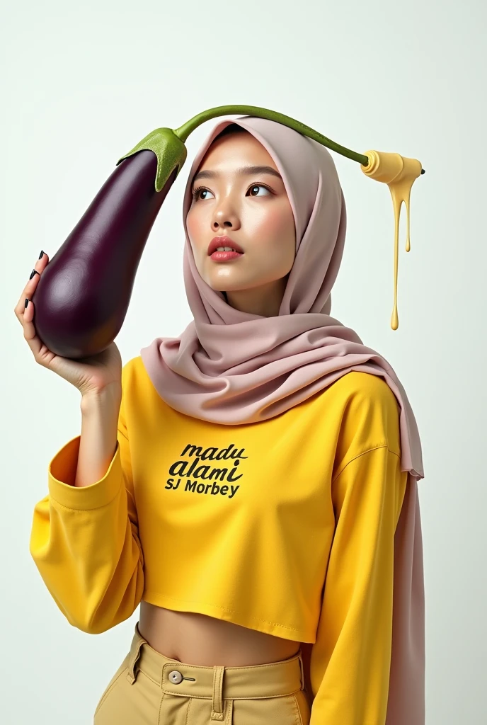 Beautiful Korean woman wearing a hijab, wearing a yellow crop top with the words "Madu Alami SJ MORBEY", right hand holding a long eggplant, at the end of the eggplant there are drops of condensed milk, left hand looking up, white begron