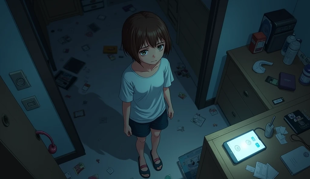 An anime image of a age girl with short brown hair in a room. Things are scattered all over the floor. In the midst of the chaos, she is standing looking at a table, looking worried because there is a phone on the table that has been left on. The atmosphere is dark and gloomy.
