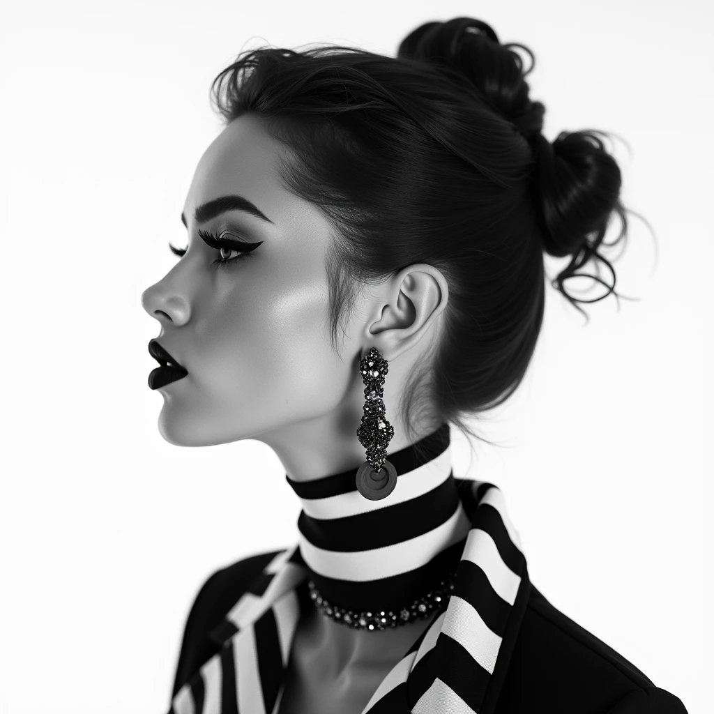 FRESHIDEAS Street film photography,A young girl with an elegant updo hairstyle,wearing a stylish outfit and large earrings,pouts slightly while looking off to the side. She has winged eyeliner makeup on her eyes,with long lashes that frame them beautifully. The background is white,creating contrast against the black-and-white photography. Her neck features a striped collar,adding texture and detail to the portrait. This shot captures her in full profile view,showcasing both her facial expression and fashion style.,