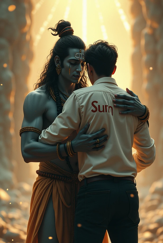 generate an image in which lord shiva hugging a 30 year old men named "sumit" Wearing white shirt and black pant in hindu heaven and both are crying and the name of men "sumit" dispalyed in his back jn bold lettera  