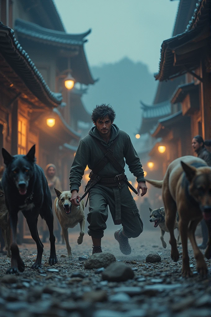 Image of a young man picking up stones to throw at a group of dogs that are about to attack him in the middle of a quiet village with dim lighting.