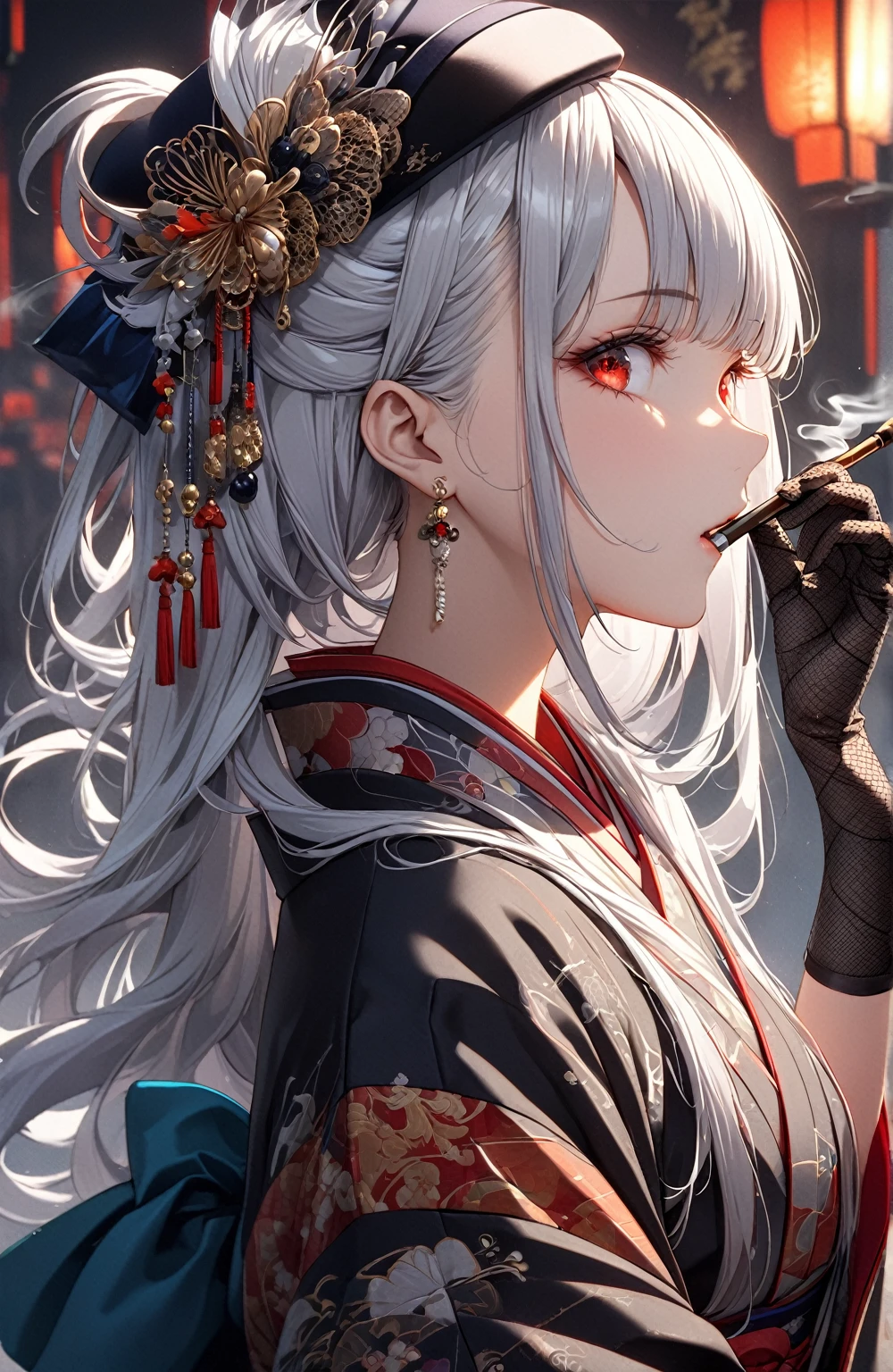 Ultra high resolution, rich colors, perfect image, top quality, detailed image, beautiful woman, glowing skin, skin and clothing texture, delicate eyes, Showa era town, kimono, haori, toque, black fishnet gloves, smoking pipe, sideways, long silver hair, red eyes