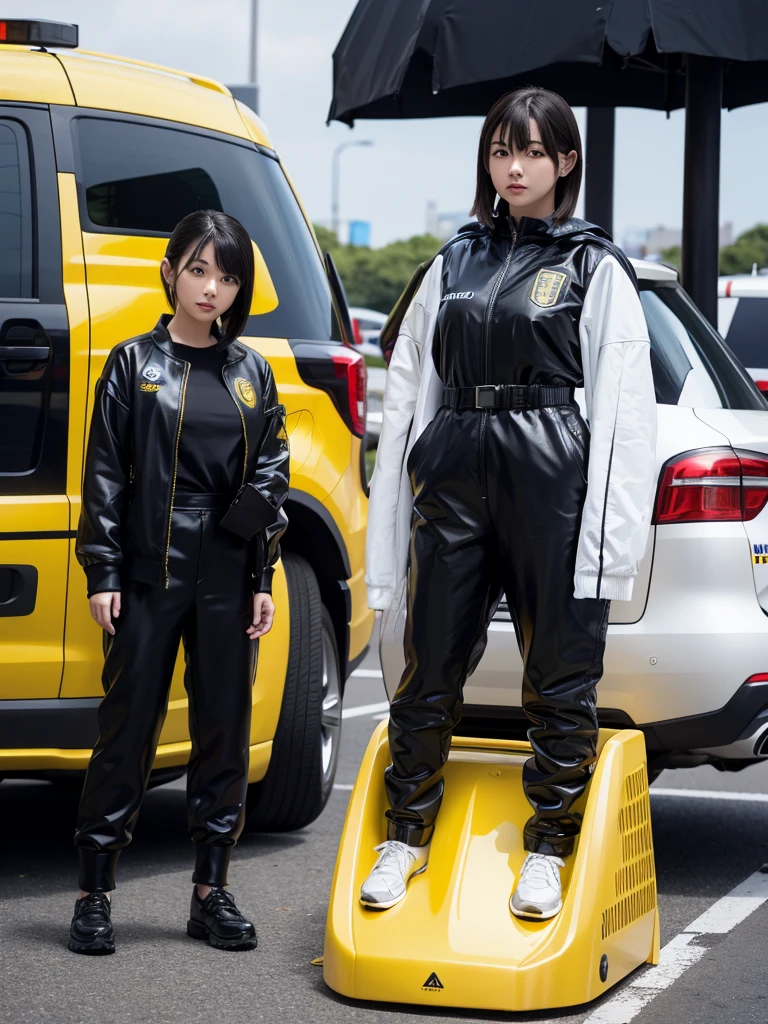 Japanese female android,Black Hair,Yellow robot suit,Plump,Standing next to a yellow police car in a parking lot,
