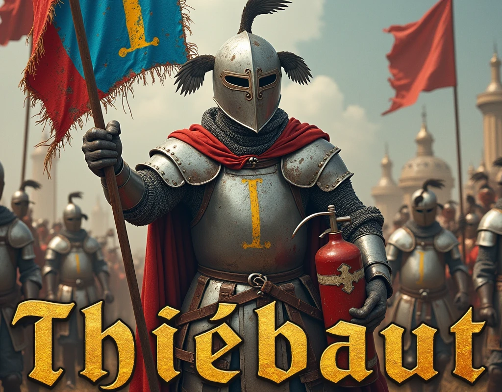 An anachronistic poster depicting an absurd man brandishing a modern fire extinguisher, and carrying a (banner blue and red with thin vertical yellow sword painted upwards coat of arms), damaged by fighting. (medieval battered chain mail, (Propeller Hat), gloves, very battle-damaged). He has white skin. (He's on a medieval festival with the words "Thiébaut" written in large golden letters in the foreground).