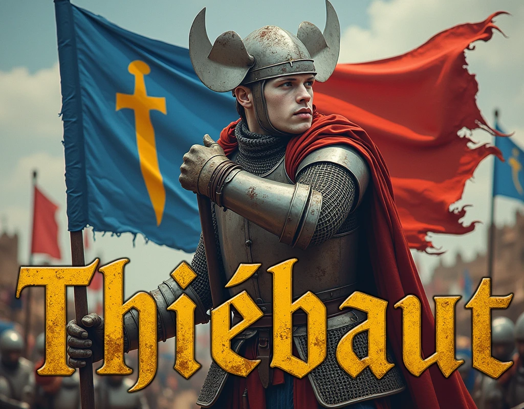 An anachronistic poster depicting an absurd man brandishing a modern fire extinguisher, and carrying a (banner blue and red with thin vertical yellow sword painted upwards coat of arms), damaged by fighting. (medieval battered chain mail, (Propeller Hat), gloves, very battle-damaged). He has white skin. (He's on a medieval festival with the words "Thiébaut" written in large golden letters in the foreground).