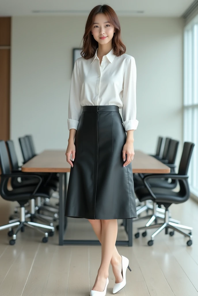 A beautiful lady, asian, Japanese,
brown shoulder length hair, 
Straight standing in a conference room,
Wearing a white shirt,
Wearing a black leather long full A-line skirt ankle length covered the legs,
Wearing white flat shoes,
whole body photo, full body image,
Front camera view,
High resolution, HD Photo,
photographs, photo, real style, 600dpi