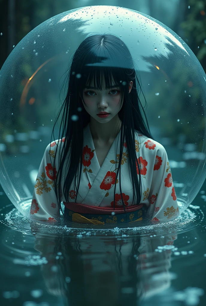A woman wearing a yukata, The yukata pattern is Showa retro, Sulky face, Females are wet, A woman trapped inside a sphere, The sphere is water., The sphere is enveloped in water droplets., The background and the woman blend together., The background is hell, The background is dim, The background is eerie., black hair, reflection light, best quality, super detail, masterpiece
