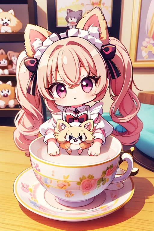 Highest quality,masterpiece,dogcafe,Girl clerk,Maid clothes,(Pomeranian,Multiple small dogs 1.3),Anime Style,cute,Twin tail hair,teacup pomeranian,