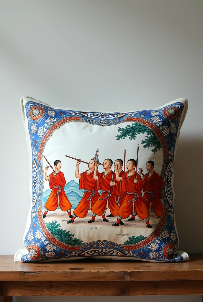 Jingdezhen ceramics,Vibrant and gorgeous ceramic pillow,A detailed depiction of a group of Shaolin monks practicing stick and fist techniques,Shaolin Eighteen Bronze Men Formation,Blue with white and red accents,Complex design,Intricate details,Elegant background,Design process