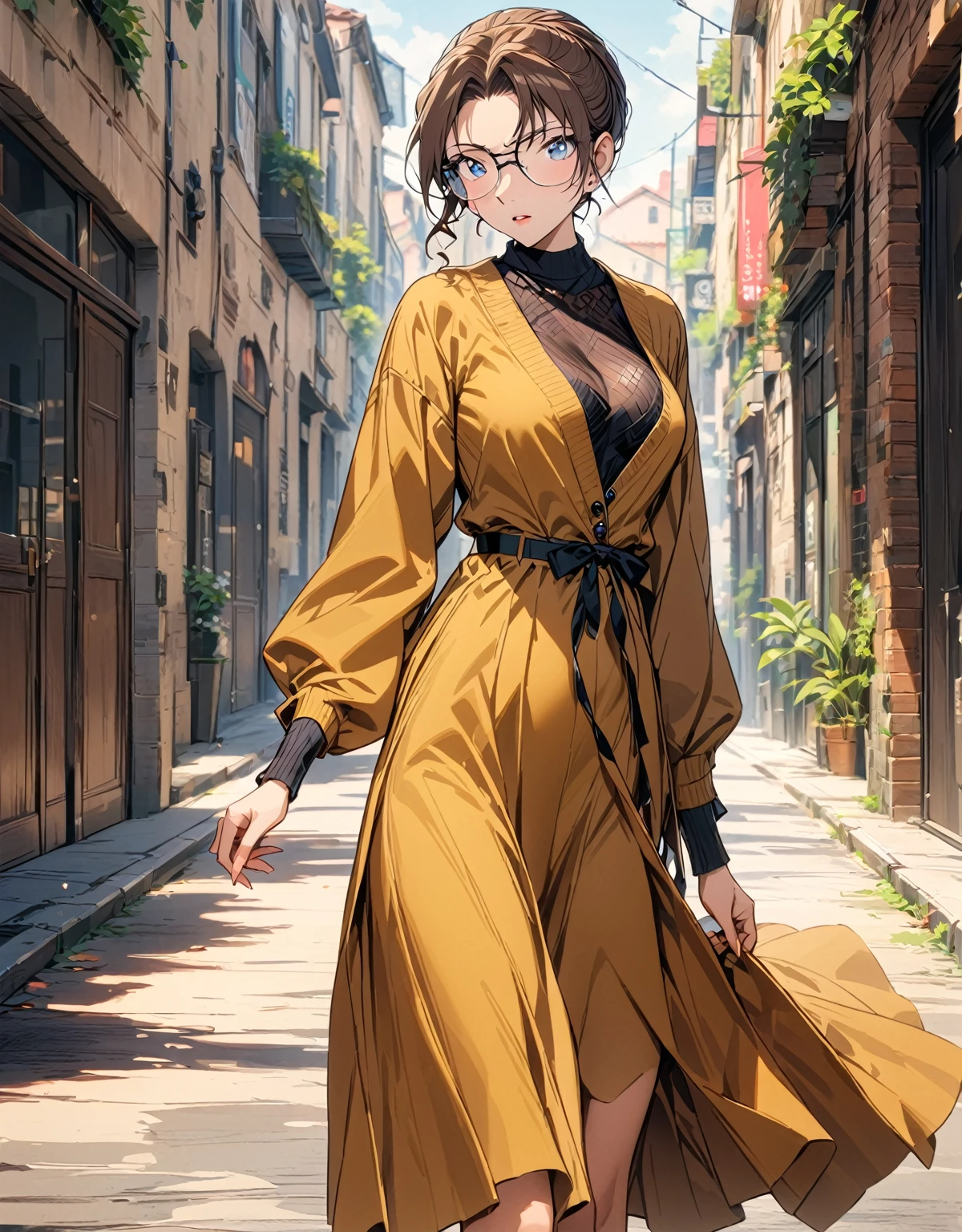 dress，a beautiful  woman， brown hair, （solo：1.2），（highest quality，extremely clear，masterpiece：1.2），with glasses，full-body shot