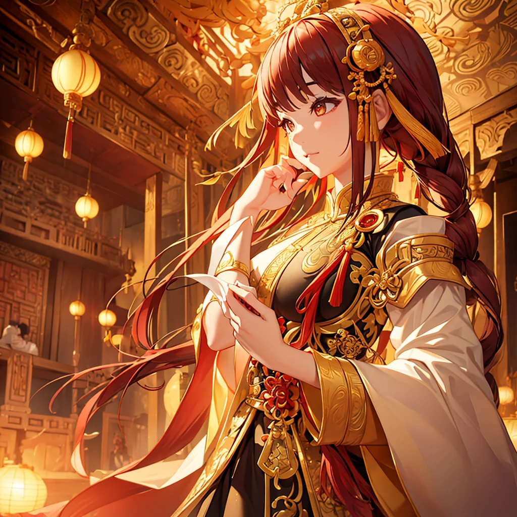 a beautiful young asian girl, 1, wearing a traditional servant costume in ancient chinese style, standing in a wuxia-inspired pose and looking directly at the camera, (best quality,4k,8k,highres,masterpiece:1.2),ultra-detailed,(realistic,photorealistic,photo-realistic:1.37),intricate detailed dress, delicate facial features, flawless skin, long eyelashes, penetrating gaze, ornate hair accessories, ancient chinese architecture in the background, warm lighting, vivid colors