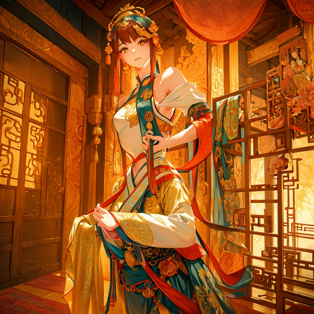 a beautiful young asian girl, 1, wearing a traditional servant costume in ancient chinese style, standing in a wuxia-inspired pose and looking directly at the camera, (best quality,4k,8k,highres,masterpiece:1.2),ultra-detailed,(realistic,photorealistic,photo-realistic:1.37),intricate detailed dress, delicate facial features, flawless skin, long eyelashes, penetrating gaze, ornate hair accessories, ancient chinese architecture in the background, warm lighting, vivid colors