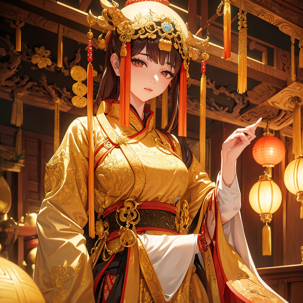 a beautiful young asian girl, 1, wearing a traditional servant costume in ancient chinese style, standing in a wuxia-inspired pose and looking directly at the camera, (best quality,4k,8k,highres,masterpiece:1.2),ultra-detailed,(realistic,photorealistic,photo-realistic:1.37),intricate detailed dress, delicate facial features, flawless skin, long eyelashes, penetrating gaze, ornate hair accessories, ancient chinese architecture in the background, warm lighting, vivid colors