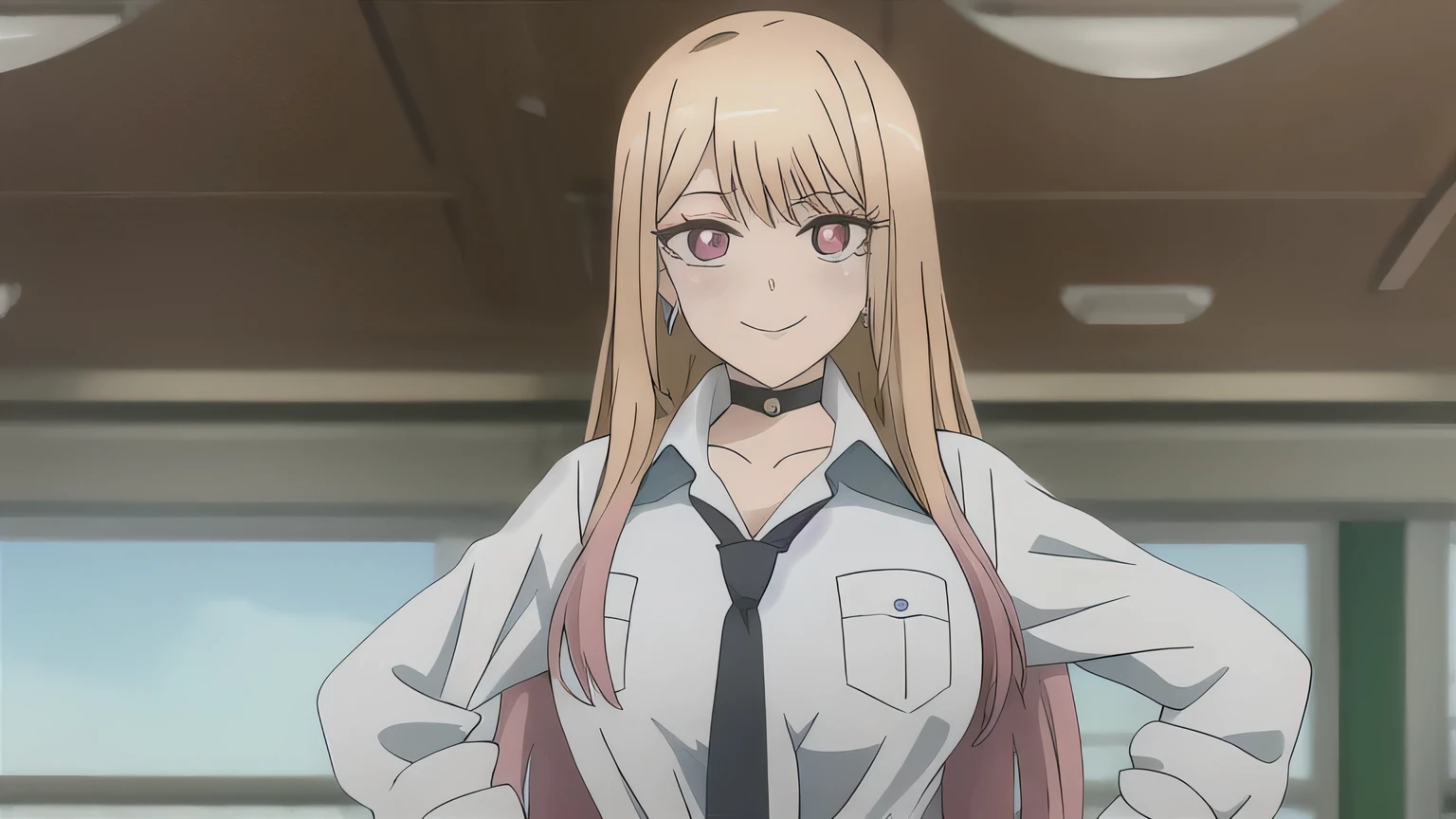 marin, 1girl, solo, long_hair, looking_at_viewer, smile, bangs, blonde_hair, shirt, red_eyes, jewelry, closed_mouth, huge_breast, school_uniform, collarbone, white_shirt, upper_body, multicolored_hair, earrings, necktie, choker, collared_shirt, indoors, pink_eyes, eyelashes, makeup, black_choker, parody, anime_coloring, hands on hips,