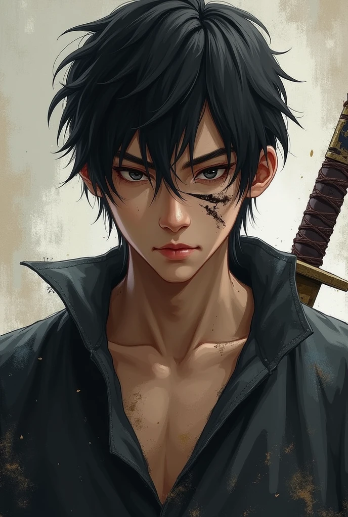 Lin had long, narrow eyes., short dark hair, and pale skin, as white as snow. A dark shirt that hid his mud stains, A mature face marked by experience and a sword in his hand. He also had one eye constantly closed., with a scar marked by the claws of a beast, and his features were Asian