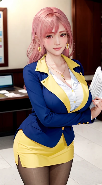 Honoka,    Secretary，Pink Hair，cleveage，big breasts, yellow blazer, Pantyhose，Lovely，necklace，earrings，Red lips，Shy, secretary, Holding a folder，office, white pencil skirt