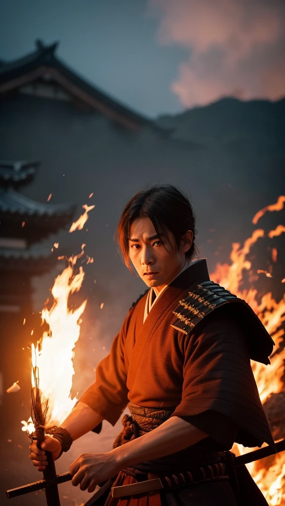 a man in a samurai costume standing in front of a fire, a picture inspired by Kanō Hōgai, reddit, sōsaku hanga, japanese vfx, sekiro, japanese live-action movie, japanese cgi, けもの, still from a live action movie, scene from live action movie