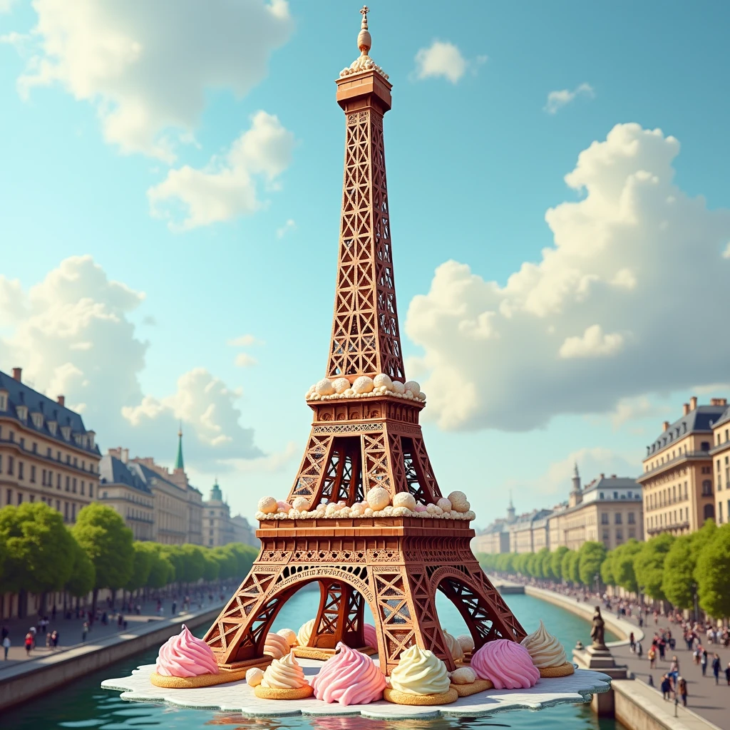 eiffel tower like ice cream with realistic background