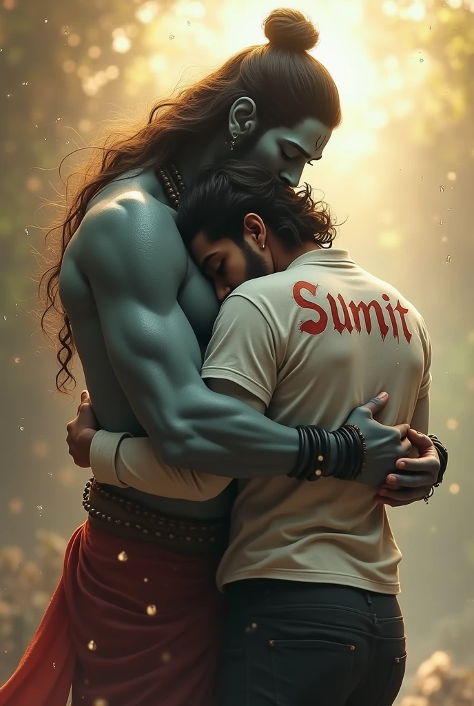 generate an image in which lord shiva hugging a 30 year old men named "sumit" Wearing white shirt and black pant in hindu heaven and both are crying and the name of men "sumit" dispalyed in his back jn bold lettera  