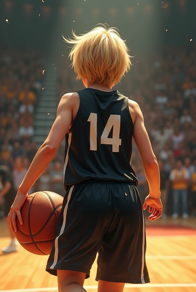 basketball、gym、Number 14、Name AN、Uniform black、A lively  girl、Short Hair、Only the nape of the neck is blonde、Sweat、energy、cool、Real、4Ｋ、Dashing、Back view