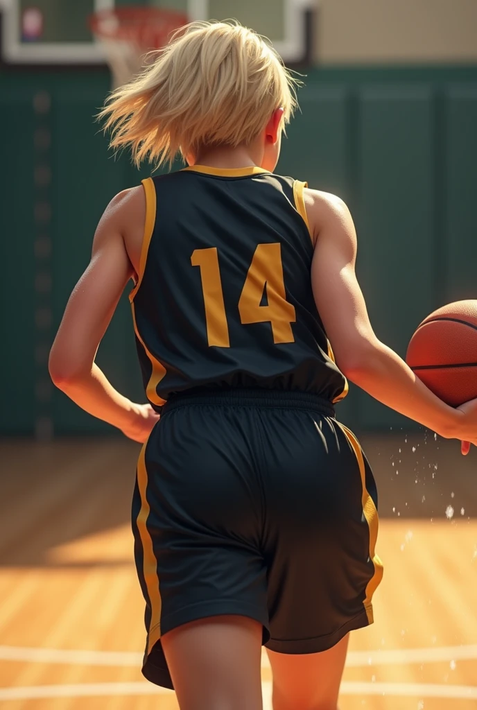 basketball、gym、Number 14、Name AN、Uniform black、A lively  girl、Short Hair、Only the nape of the neck is blonde、Sweat、energy、cool、Real、4Ｋ、Dashing、Back view