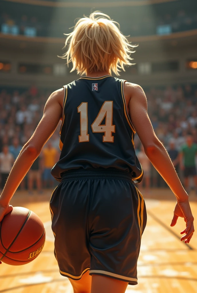 basketball、gym、Number 14、Name AN、Uniform black、A lively  girl、Short Hair、Only the nape of the neck is blonde、Sweat、energy、cool、Real、4Ｋ、Dashing、Back view