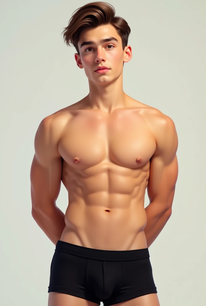 Anime, ager boy, handsome, athletics muscular, 168cm height , brown hair, white skinned, only wearing black boxer underwear, medium bulge