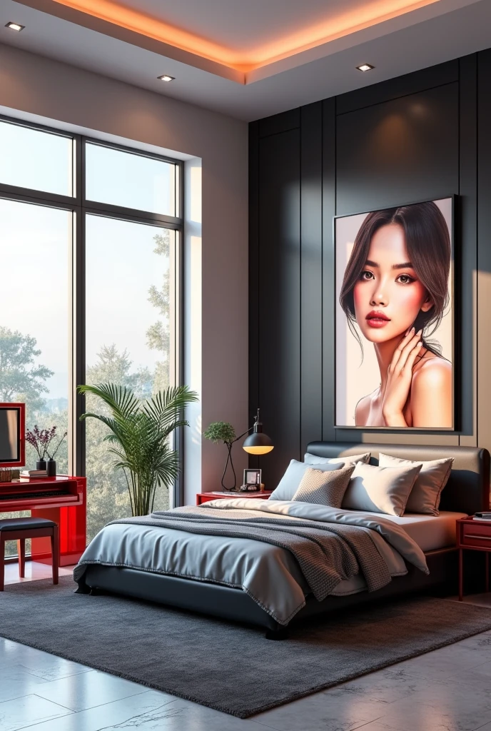 Professional 3d architecture rendering design of modern   girl teenage  room with modern dark bed and  light silver blanket and sheets modern   red glassy makeup table and glassy  chairand  glassy  red glassy piano And modern windows  and beautiful and modern  avatar painting wall with tailor suieft painting  and modern windows and showing complete bed room and light gray stone for floor and elegant  dark carpet and small ai similar human sitting on the chair and light gray wall 