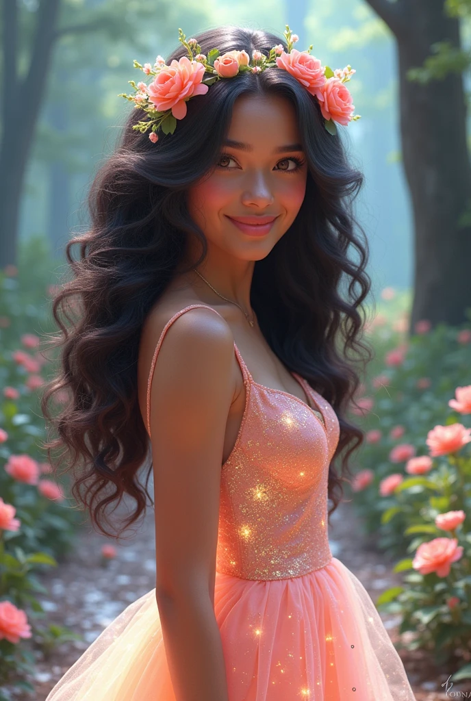 Hologram Shot、(Photorealism:1.2), 1 beautiful girl,Full Body Focus , She has long shiny hair and skin, Curly hair and a flower crown on her head, She has a very detailed and super intricate face and a cute smile, Beautiful dress, fluffy, soft, Flared dress.,The background is very clear and beautiful with forest flowers and trees.,The hair looks very beautiful in the light,The dress is sparkling with holograms.、(Please create an image with a bright face by shining a little light on the face.),