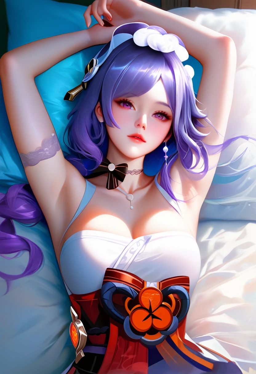 score_9, score_8_up, score_7_up, high quality ,masterpiece ,best quality ,Lying face up on the bed,In the bedroom,girl,Cute Face,,Poke out your lips, large breast ,Beautiful Skin,_Chiori_Genshin Impact, Purple long hair,hold out both hands to the viewer,Raise your arms high,((Put your hands out in front of you)),