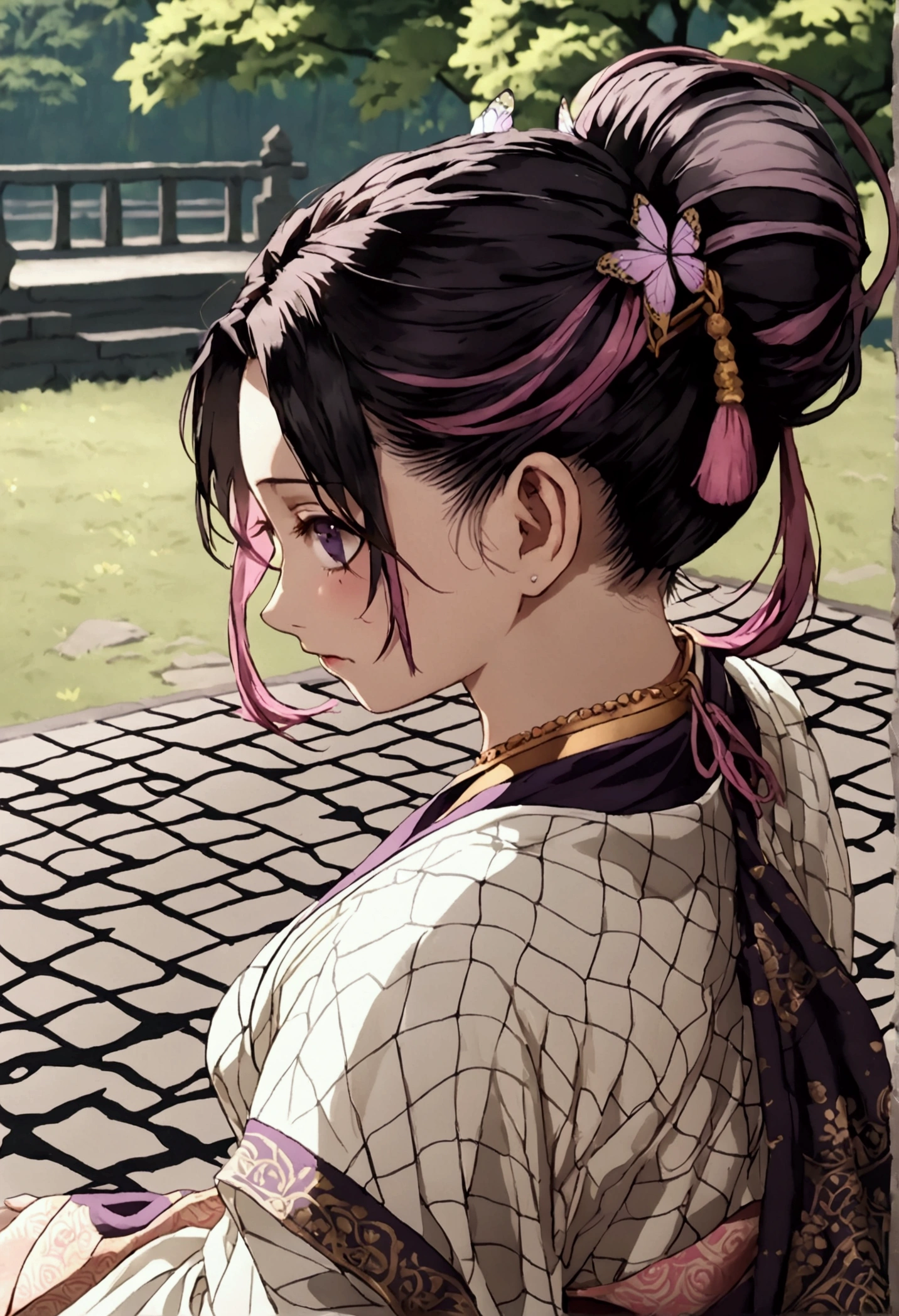 ((((shinobu kochou from demon slayer)))),((((wearing a white see through saree with fading pink at the end and her black lines cracking ground pattern on her saree)))),her hairstyle is very short raven-black wavy hair that fades into dark purple at the ends, deep purple eyes with no visible pupils , sitting on a bench in park, human body structure, no ornaments, photo session, innocent looking ,proper body proportion ,  Her hair is medium length, dark and tied up into a butterfly-shaped bun at the back of her head, with purple-tinted ends. She has long, straight bangs that frame her face and two strands of hair falling gracefully down each side of her face. The hairstyle should have a delicate, elegant appearance, with vibrant and clean anime-style shading. The butterfly accessory in the bun is detailed with light purple and white colors, matching the hair’s purple tips,hairs are purple fading at the ends of bangs , ((((((wearing an Indian saree))))))